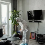 Technician in protective gear sanitizing a living room
